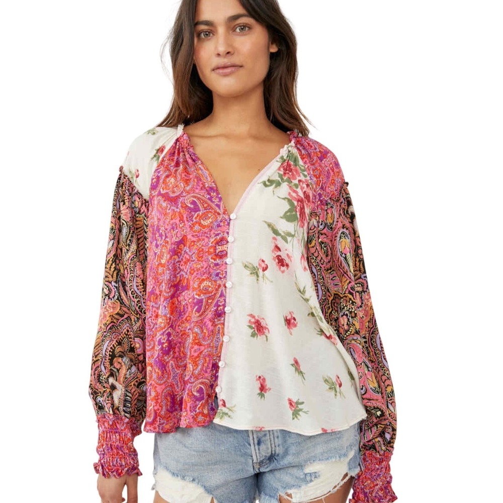 Free People Gemini Blouse Tunic Vtg Ivory Combo Floral Paisley Boho patchwork sm